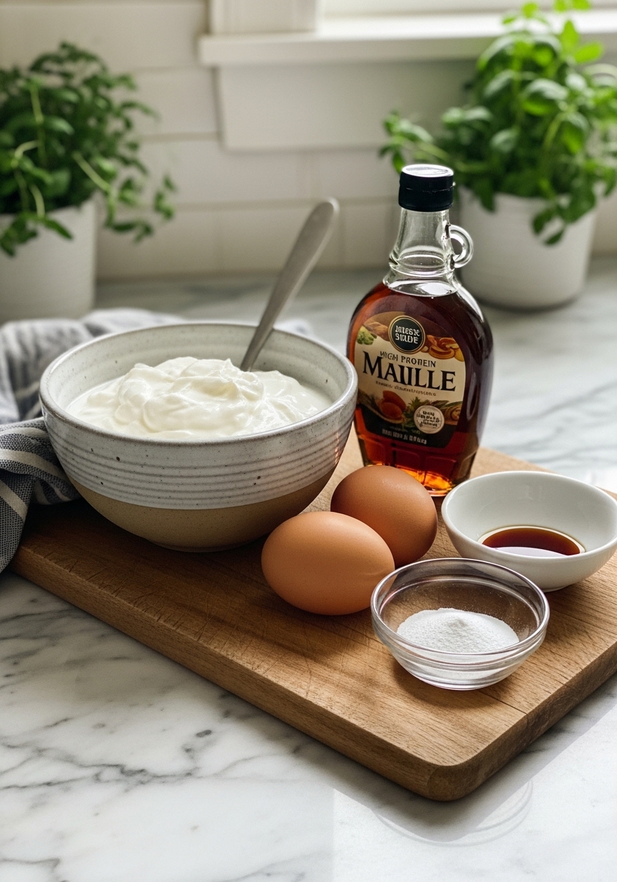 An artfully arranged collection of key ingredients for high-protein yogurt pancakes: a ceramic bowl filled with creamy Greek yogurt, two eggs, a bottle of maple syrup, a small bowl of vanilla extract, and baking soda, all resting on the wooden cutting board on marble countertops. Natural morning light casts soft shadows. Fresh herbs are visible in the background, reflecting a clean, tidy, and warm kitchen. NO HANDS.
