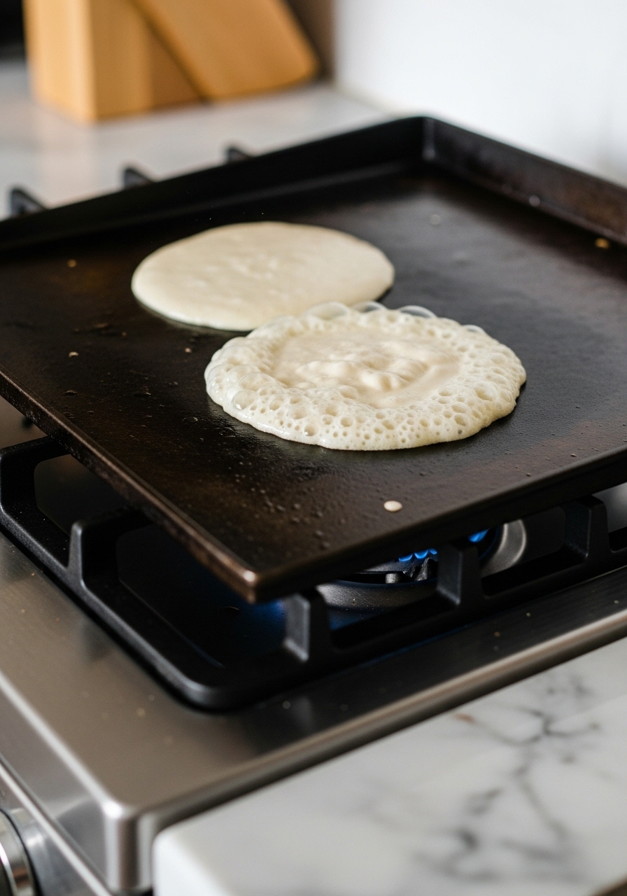 A close-up action shot of high-protein yogurt pancake batter bubbling gently on a hot griddle, showing the edges starting to set and turn golden. The griddle is on a stove with marble countertops in the foreground, catching natural morning light. The scene emphasizes the cooking process without any visible hands, maintaining a warm, clean, and tidy kitchen aesthetic.