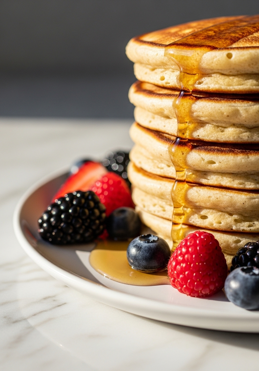 A super close-up detail shot of the side of a stack of fluffy high-protein yogurt pancakes, revealing their airy texture and golden-brown crust. A slight drip of maple syrup runs down the side, emphasizing its delicious appeal. Fresh berries are scattered artfully around the base on a minimalist white plate, resting on marble countertops. Natural morning light creates soft, warm shadows. NO HANDS.