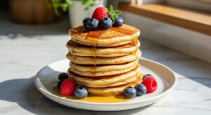 A beautifully arranged stack of golden brown, fluffy high-protein yogurt pancakes on a minimalist white plate, drizzled with maple syrup and topped with vibrant fresh blueberries and raspberries. The plate rests on marble countertops with subtle wood accents in the background, bathed in natural morning light from the east window. Fresh herbs are subtly visible, creating soft shadows and warm tones, with a clean and tidy presentation. NO HANDS.
