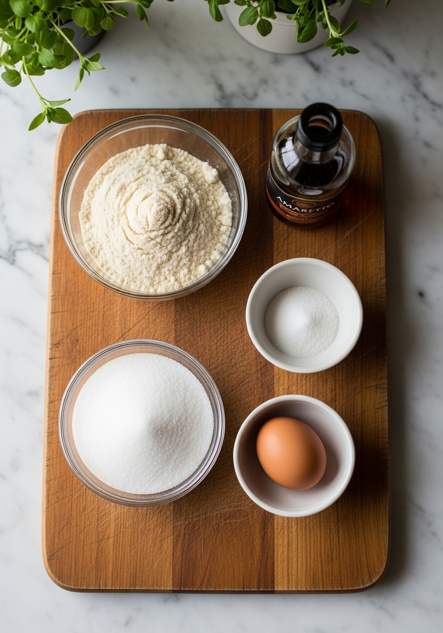 A 3:4 overhead shot of key ingredients for Almond Amaretto Cookies, including almond flour, granulated sugar, a whole egg, and a small bottle of amaretto, neatly arranged on the same wooden cutting board on marble countertops. Natural morning light from the east window illuminates the scene, creating soft shadows. Fresh herbs are subtly in the background, adding a touch of life. The composition is clean and tidy, emphasizing deliciousness.