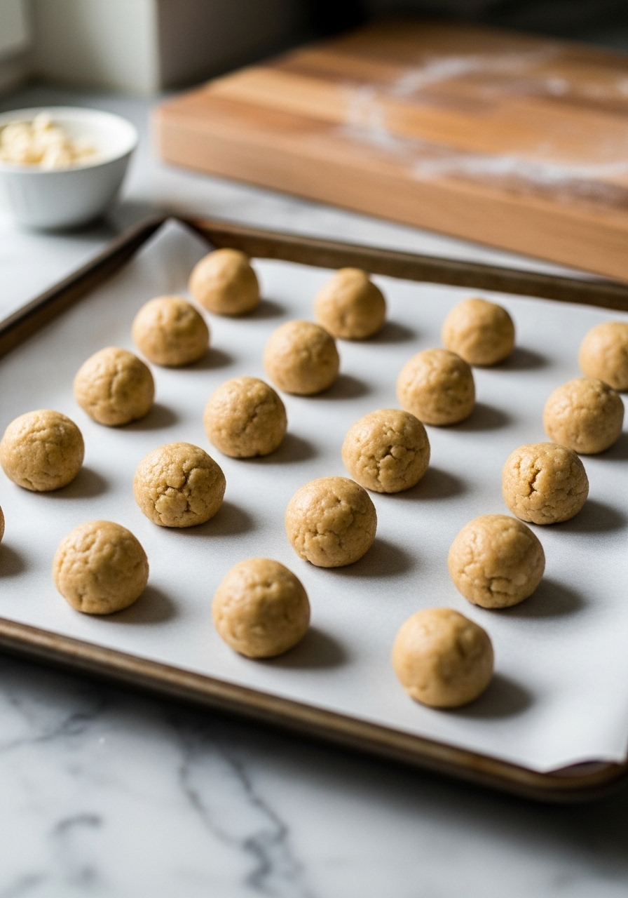 A 3:4 shot capturing a crucial step in making Almond Amaretto Cookies: small, perfectly rounded balls of raw cookie dough neatly arranged on a baking sheet lined with parchment paper, ready for the oven. The scene is set on marble countertops, with the wooden cutting board visible nearby. Natural morning light from the east window highlights the texture of the dough. Soft shadows contribute to the warm, authentic kitchen feel, hinting at insanely yummy results.