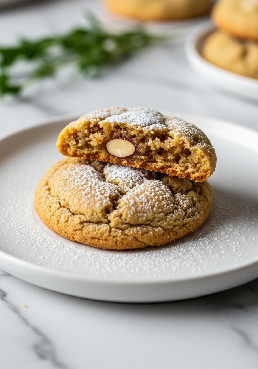 A 3:4 super close-up shot of a single Almond Amaretto Cookie, broken slightly to reveal its deliciously chewy interior texture. The cookie is resting on a minimalist white plate on marble countertops, dusted with powdered sugar. Natural morning light creates a mouth-watering appearance, emphasizing the golden brown edges and the subtle warmth of the cookie. Fresh herbs are softly blurred in the background, making it look incredibly appealing.
