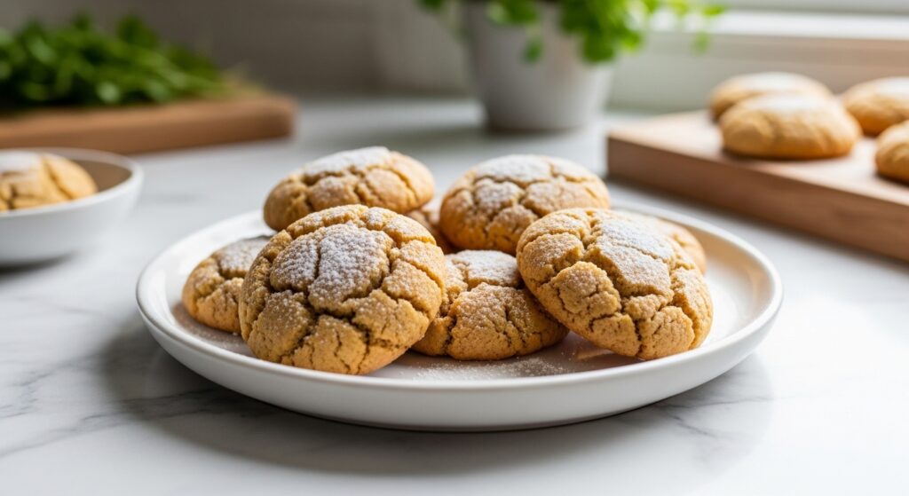 A beautifully composed 16:9 shot of several golden brown Almond Amaretto Cookies artfully arranged on a minimalist white plate, gently dusted with powdered sugar, set on marble countertops with subtle wood accents in the background. Natural morning light streams in from the east window, casting soft shadows. Fresh herbs are visible in the background, out of focus. The overall scene is clean, tidy, and exudes warm tones, showcasing deliciousness and appetite appeal.