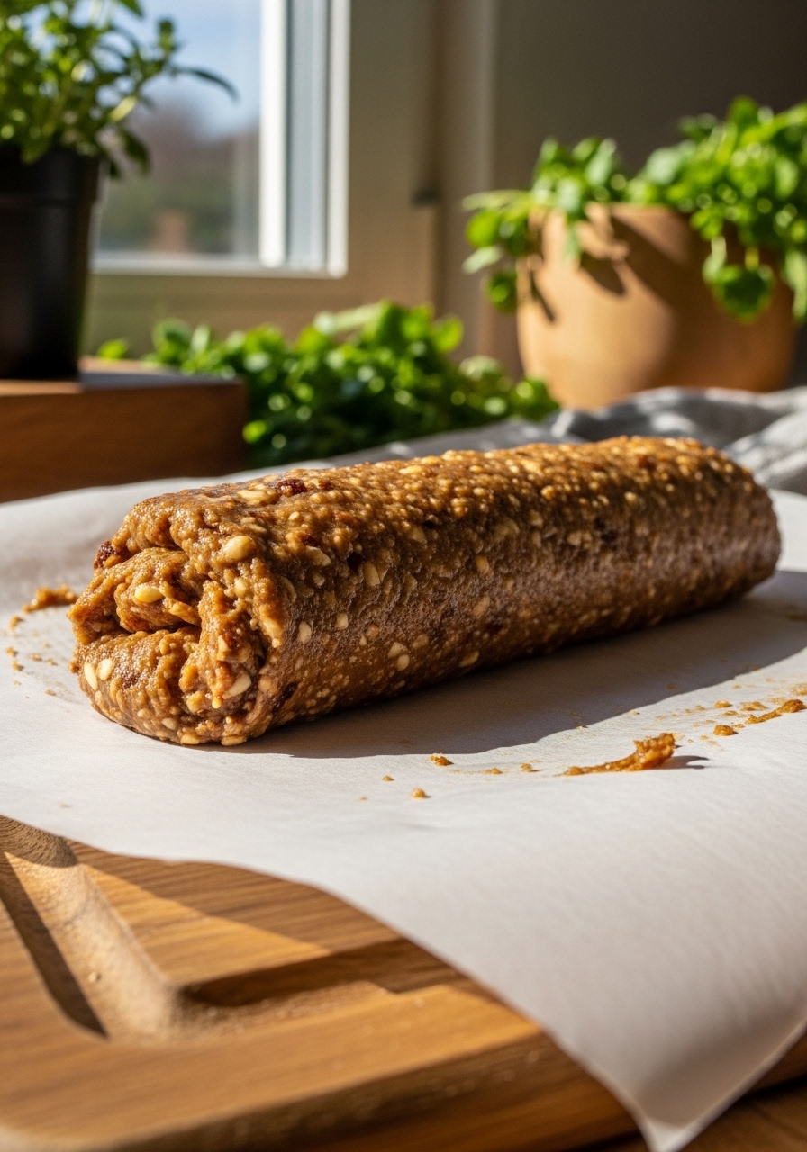 A close-up action shot of the almond flour date nut roll mixture being pressed and shaped into a firm log on a piece of parchment paper, resting on the wooden cutting board. The sticky, pliable texture is clearly visible, with visible nut pieces. The scene is bathed in natural morning light from an east window, with subtle warm tones and soft shadows. Fresh herbs and wood accents are in the background, but no hands or people are visible in the frame.