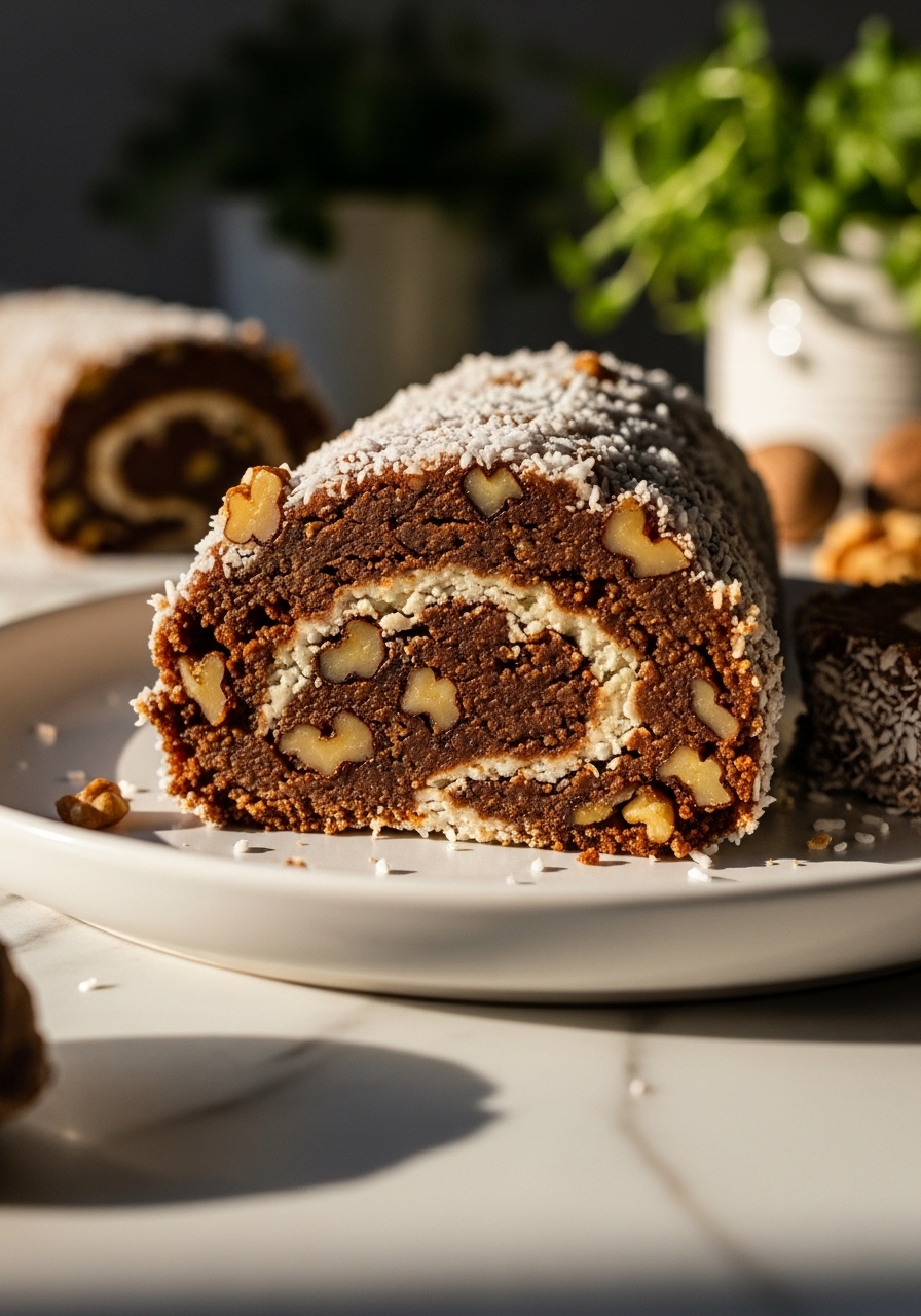 An incredibly inviting, super close-up detail shot of a sliced almond flour date nut roll, revealing the dense, chewy interior studded with walnuts and the delicate coconut-almond coating. The slice is on a minimalist white plate on marble countertops, with warm natural morning light highlighting the textures. Soft shadows add depth, and fresh herbs are blurred in the background, creating a cozy and deliciously appealing scene. No hands or people.