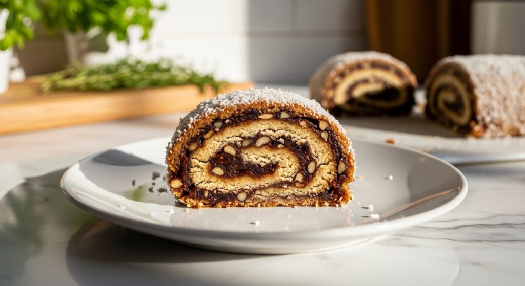 A beautifully plated slice of almond flour date nut roll, showcasing its delicious layers of dates, nuts, and almond flour, with a sprinkle of coconut-almond coating. The slice rests on a minimalist white plate, placed on marble countertops with warm natural morning light filtering from an east window. Fresh herbs are visible in the soft-focused background, alongside wood accents. The presentation is clean and tidy, evoking appetite appeal with soft shadows and warm tones. No hands or people.