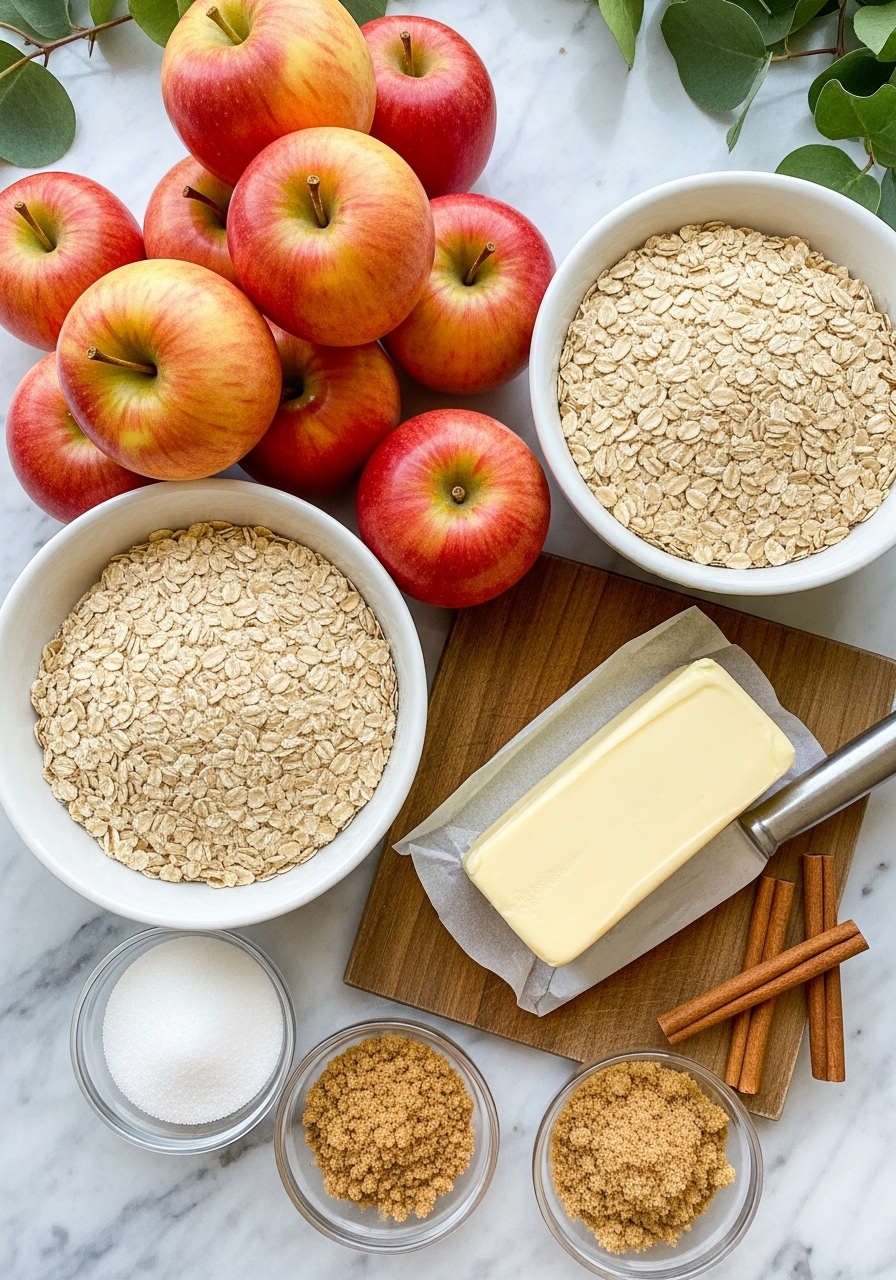 An inviting overhead shot of key ingredients for apple crisp recipe: a pile of fresh, whole apples, a bowl of old-fashioned rolled oats, a block of cold butter on the same wooden cutting board, small bowls of granulated sugar, brown sugar, and cinnamon sticks, all arranged artfully on a marble countertop with soft natural morning light and subtle green foliage in the background. No hands.