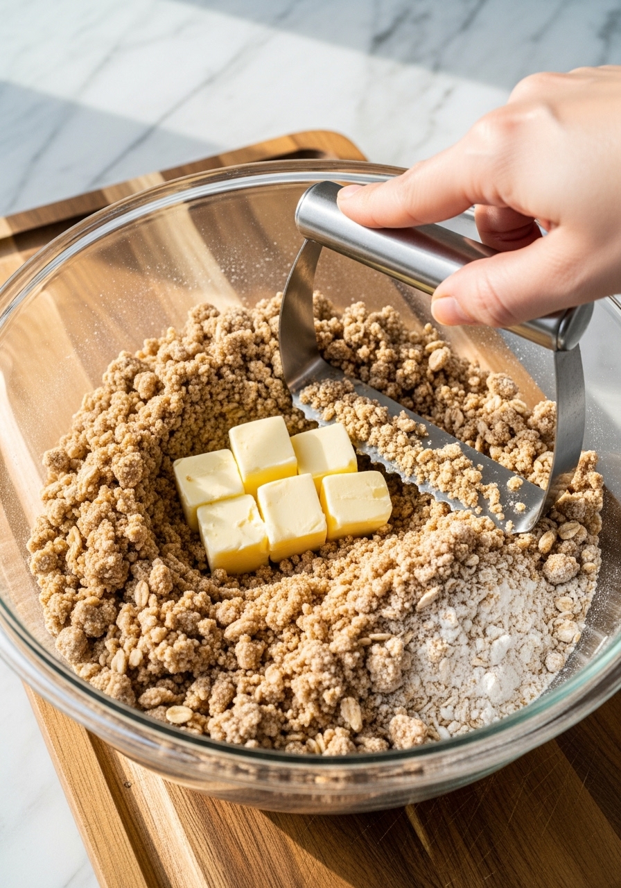 An action shot of cubed cold butter being cut into a bowl of dry oat topping ingredients (oats, flour, sugars, spices) using a pastry blender, creating a coarse crumbly mixture. The bowl sits on the wooden cutting board, with natural morning light illuminating the marble countertop background. No hands, clean and tidy.