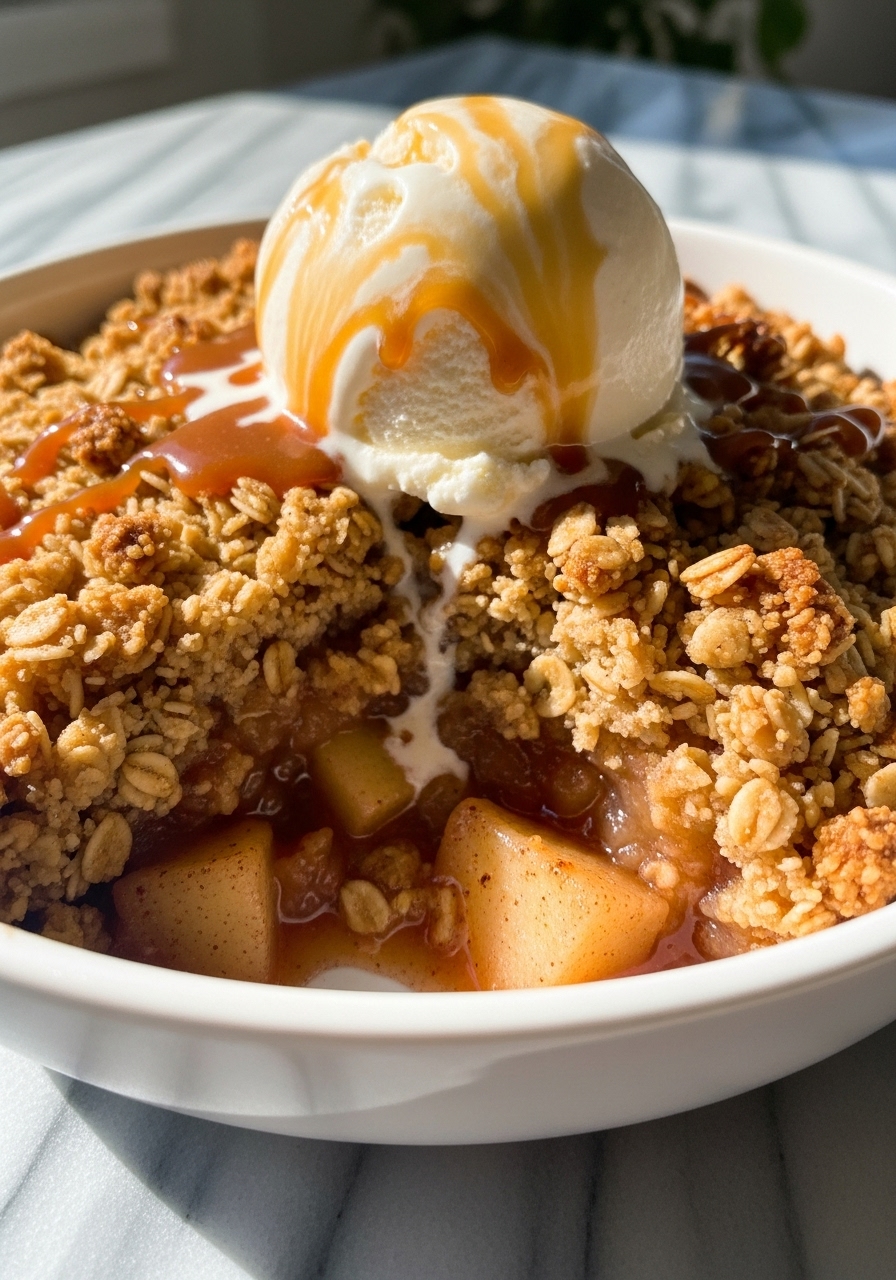 A close-up detail shot of the finished apple crisp recipe, showing the golden brown, textured oat topping and the tender, spiced apple filling bubbling beneath. A scoop of vanilla ice cream is melting gently on top, with luscious caramel sauce dripping down its sides. The white ceramic bowl rests on a marble countertop, bathed in natural morning light, with a hint of out-of-focus green foliage. No hands.