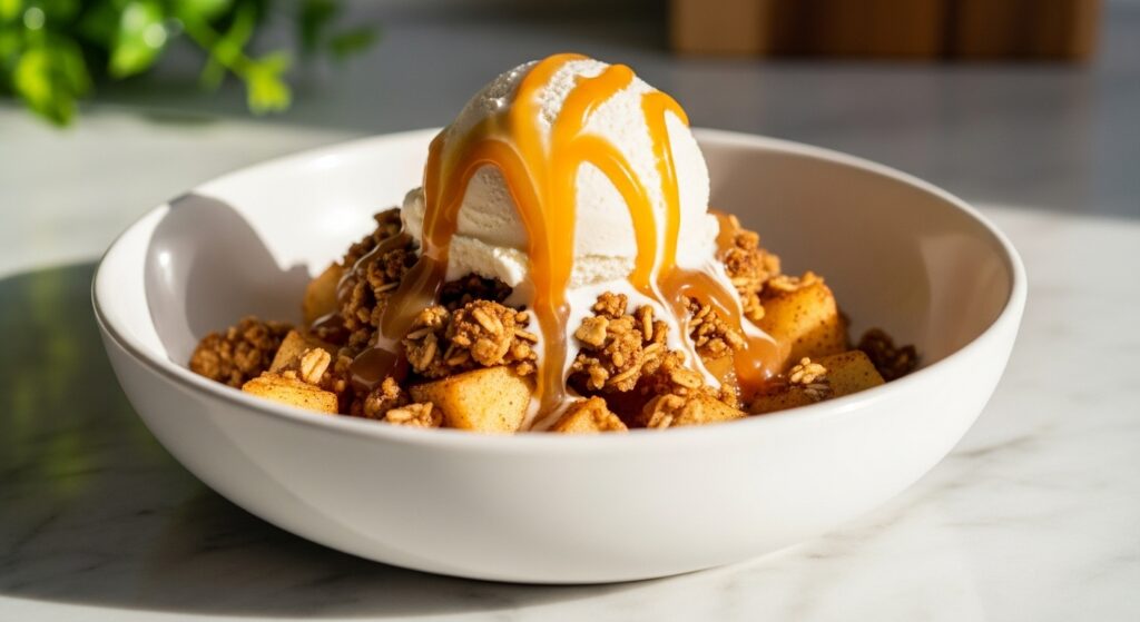 A beautifully plated, warm apple crisp in a minimalist white ceramic bowl, topped with a scoop of melting vanilla ice cream and a generous drizzle of golden caramel sauce, showcasing tender spiced apples and a crispy oat crumble. The scene is bathed in natural morning light, set on a marble countertop with a blurred wooden accent and a hint of fresh greenery in the background, exuding warmth and coziness. No hands, soft shadows, tidy presentation, warm tones. (16:9 aspect ratio)