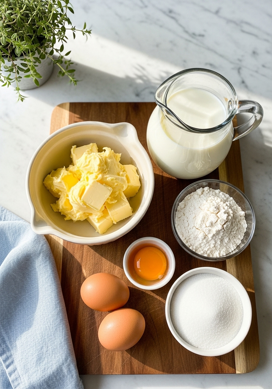 A meticulously arranged flat lay of key ingredients for buttermilk pound cake: softened butter in a ceramic bowl, eggs, a jug of buttermilk, flour, and sugar. All ingredients are perfectly portioned on a wooden cutting board set against marble countertops, bathed in natural morning light. Fresh herbs are subtly in the background. The scene is clean and inviting. NO HANDS.