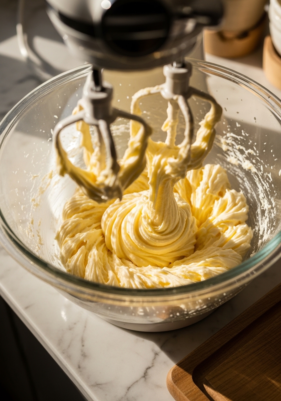 An action shot capturing the creamy texture of butter and sugar being beaten together in a clear glass mixing bowl, creating a light, fluffy mixture. The mixer is just out of frame, focusing on the vibrant, aerated mixture. The bowl rests on marble countertops with the wooden cutting board visible nearby, bathed in soft, natural morning light. Warm tones and soft shadows enhance the delicious appeal. NO HANDS.