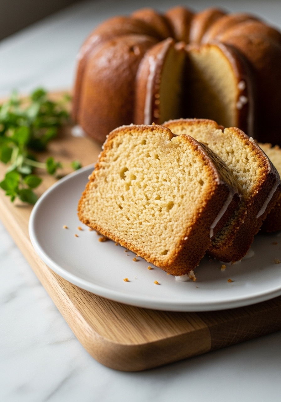 A close-up, appetizing detail shot of a sliced buttermilk pound cake on a minimalist white plate, revealing its incredibly moist, tender, and dense crumb. A slight drip of the simple glaze is visible. The slice is artfully placed on the wooden cutting board, with fresh herbs gently blurred in the background on the marble countertop. Natural morning light creates inviting soft shadows and highlights the golden crust. NO HANDS.