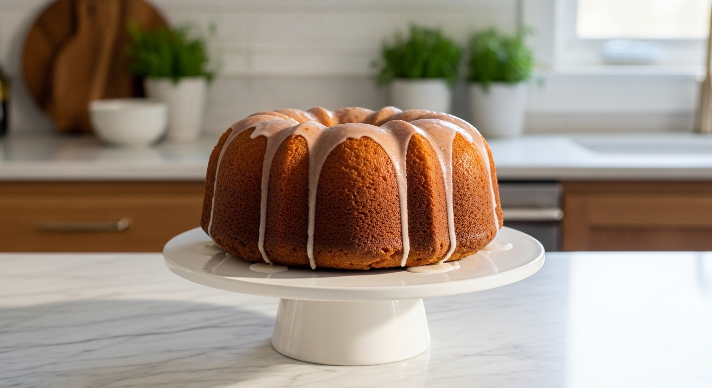 A beautifully golden-brown, mouth-watering buttermilk pound cake, perfectly glazed, displayed whole on a minimalist white cake stand. The setting is a clean kitchen with marble countertops, wood accents, and soft natural morning light from an east window. Fresh herbs are visible in the background, out of focus. The presentation is clean and tidy with warm tones and soft shadows. NO HANDS.