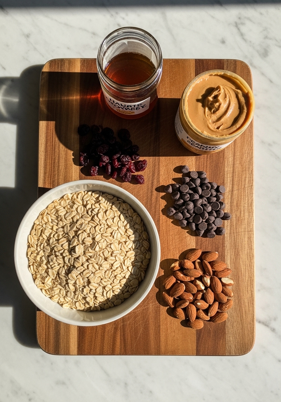 A flat lay shot of the key ingredients for chewy homemade granola bars: a minimalist white ceramic bowl filled with rolled oats, a small pile of dark chocolate chips, a scattering of dried cranberries, and chopped almonds. A jar of honey and a container of creamy peanut butter are artfully arranged nearby, all on the same wooden cutting board on a marble countertop, illuminated by natural morning light, with soft shadows and warm tones. No hands are visible.