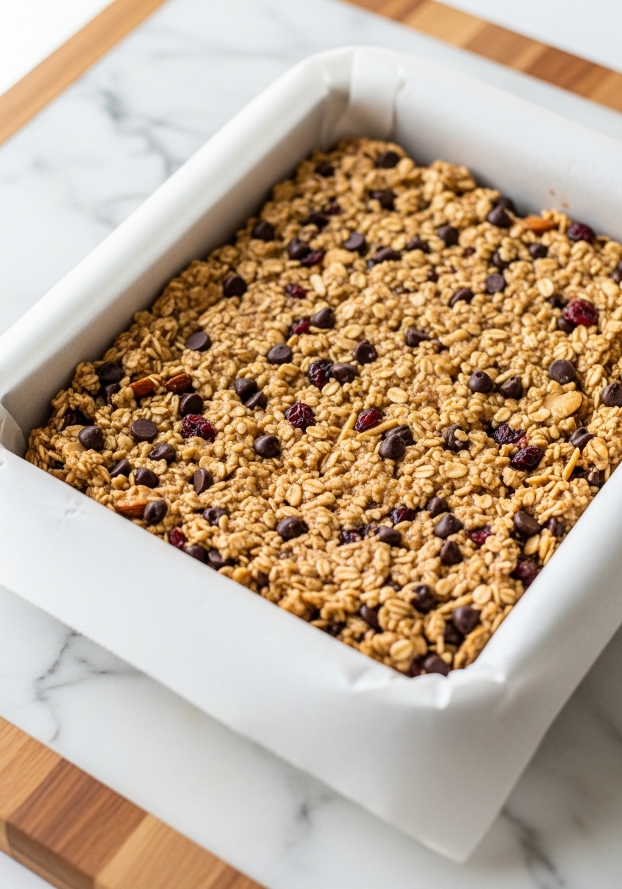 An inviting action shot showing the delicious granola bar mixture, rich with oats, dark chocolate chips, dried cranberries, and almonds, being pressed very firmly and evenly into an 8x8 inch pan lined with white parchment paper. The pan rests on a marble countertop with wood accents, under soft natural morning light, creating warm tones and gentle shadows. The scene is clean and tidy, focusing on the texture, without any visible hands.