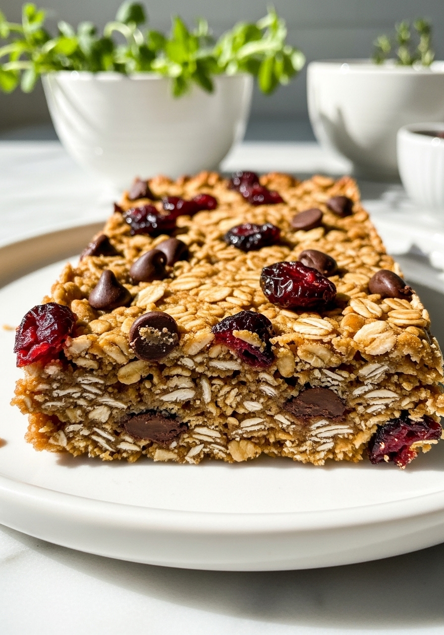 A close-up, mouth-watering detail shot of a freshly cut chewy homemade granola bar, highlighting its incredibly yummy, dense, and compact texture, with visible whole rolled oats, glistening bright red dried cranberries, and scattered dark chocolate chips. The bar is resting on a minimalist white plate on a marble countertop, bathed in natural morning light, with subtle soft shadows and warm tones. Fresh herbs in a ceramic bowl are softly blurred in the background, showcasing a clean and authentic presentation without any visible hands.