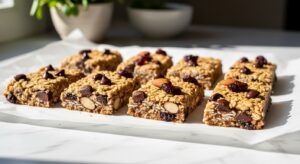 A visually stunning shot of several deliciously appealing chewy homemade granola bars, rich with oats, dark chocolate chips, dried cranberries, and almonds, arranged neatly on a sheet of white parchment paper atop a light marble countertop. The scene is bathed in soft natural morning light from the east window, creating warm tones and gentle shadows. A few fresh herbs are visible in a ceramic bowl in the softly blurred background, embodying a clean and tidy presentation without any visible hands.