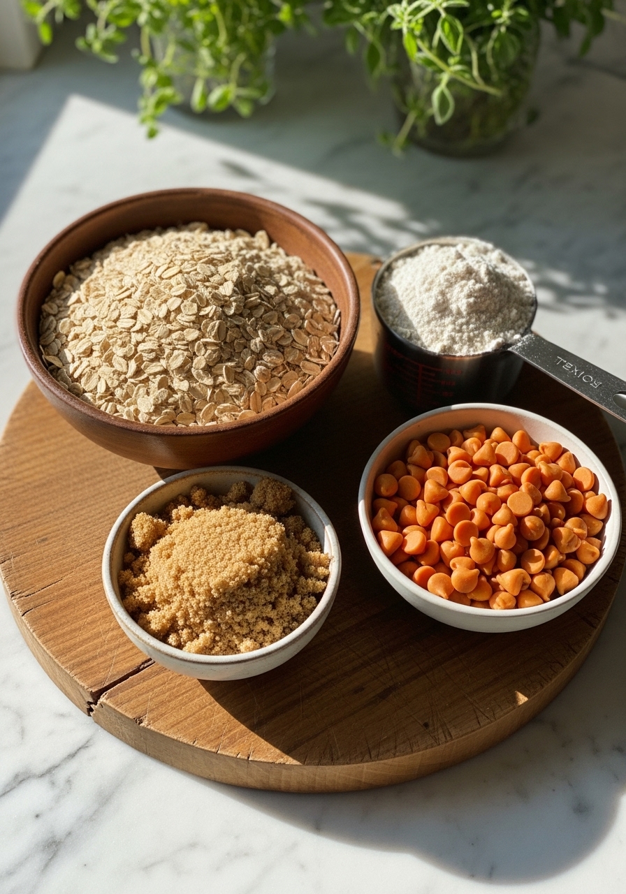 An inviting flat lay of key ingredients for Chewy Oatmeal Scotchies, including a bowl of old-fashioned oats, a small bowl of butterscotch chips, a measuring cup of flour, and brown sugar, all neatly arranged on the same wooden cutting board on marble countertops. Natural morning light casts soft shadows, and fresh herbs are in the background, creating a warm and authentic kitchen scene.