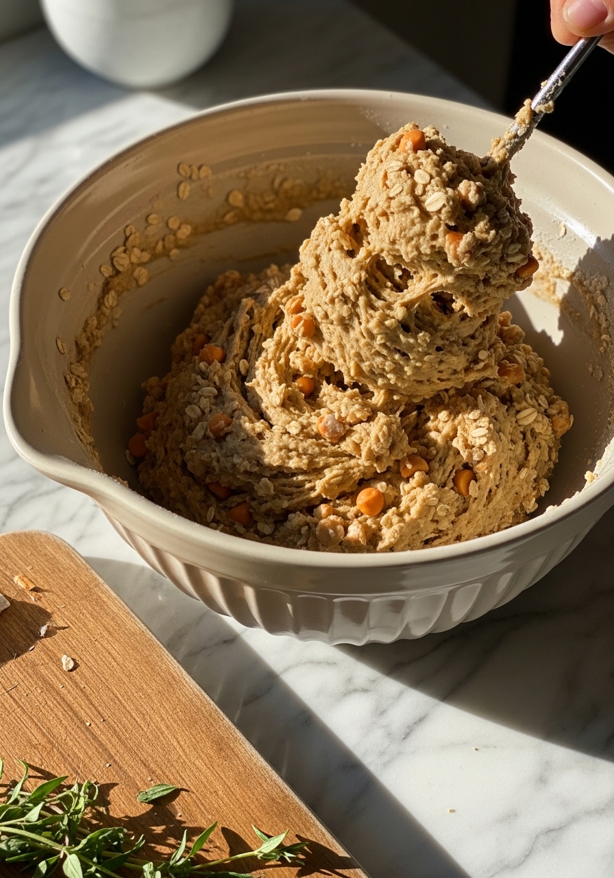 An action shot of cookie dough being gently mixed in a large ceramic bowl on marble countertops. The dough is thick and luscious, showing visible oats and butterscotch chips. Natural morning light illuminates the scene, creating warm tones and soft shadows. The same wooden cutting board is subtly in the foreground, with fresh herbs nearby, no hands visible.