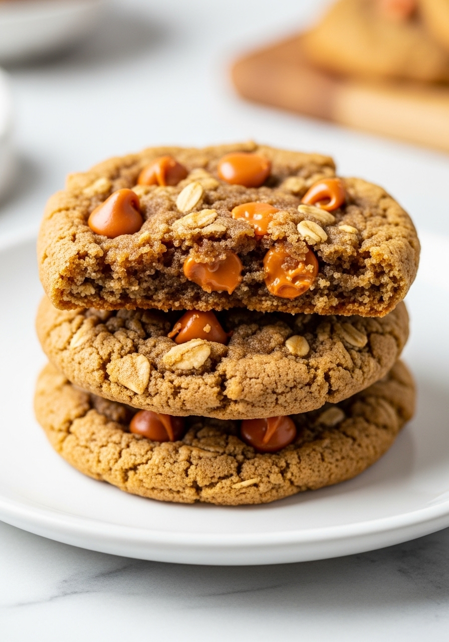 A super close-up detail shot of a stack of two warm, freshly baked Chewy Oatmeal Scotchies on a minimalist white plate. The focus is on the rich, golden-brown edges and the slightly softer, invitingly chewy centers with melted butterscotch chips. The background features subtle marble countertops and hints of the wooden cutting board, bathed in natural morning light, emphasizing delicious texture and warmth, with no hands visible.