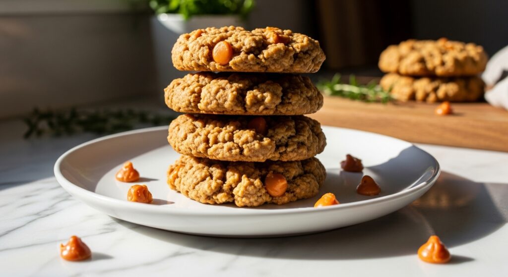 A beautifully plated stack of 3-4 warm, golden brown Chewy Oatmeal Scotchies on a minimalist white plate, showcasing their soft, chewy texture and visible butterscotch chips. The scene is set on marble countertops with wood accents, bathed in natural morning light from an east window. Fresh herbs are subtly visible in the background, and soft shadows enhance the warm tones. The presentation is clean and tidy, with a few artful crumbs around the plate, emphasizing appetite appeal without any hands.