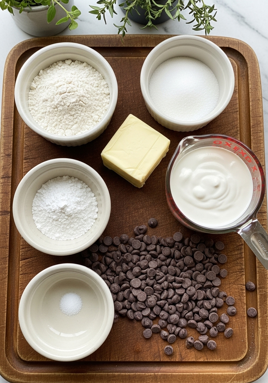 An artistic overhead shot of the key ingredients for chocolate chip scones laid out on the wooden cutting board. Flour, sugar, baking powder, salt are in small ceramic bowls, next to a block of cold butter, a measuring cup of heavy cream, and a scattering of semi-sweet chocolate chips. Natural morning light from the east window illuminates the scene, with soft shadows. Fresh herbs are subtly in the background.