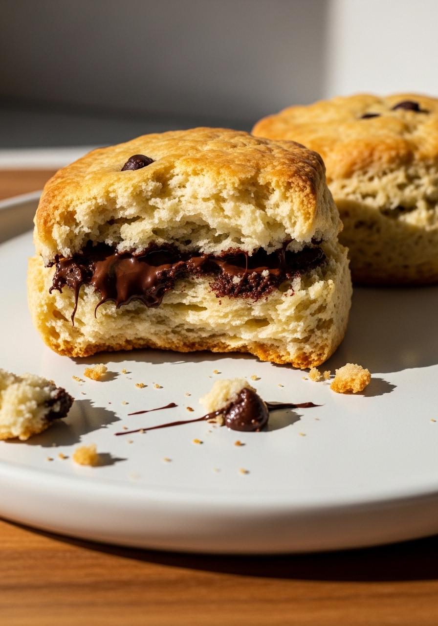 A super close-up detail shot of a freshly baked chocolate chip scone, broken open to reveal its incredibly flaky, tender interior and abundant pockets of melted chocolate. It sits on a minimalist white plate, on the wooden cutting board, with natural morning light enhancing its golden-brown crust. Soft shadows add depth, and a few artful crumbs and a slight drip of chocolate are visible, emphasizing its homemade warmth.