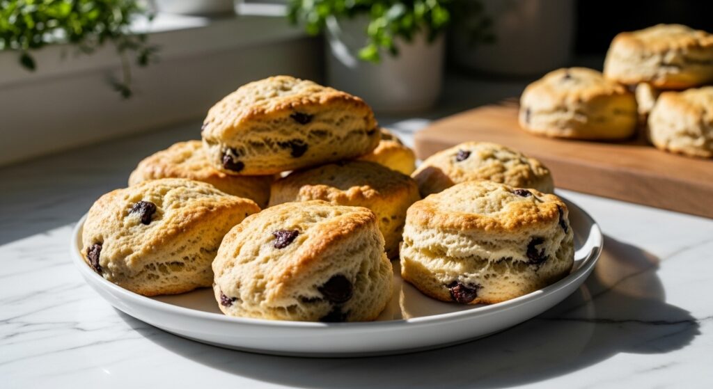 A beautifully arranged spread of golden-brown, freshly baked chocolate chip scones on a minimalist white plate, resting on marble countertops. Natural morning light spills from an east window, casting soft shadows. Fresh herbs are visible in the background, adding a touch of green. The wooden cutting board is subtly visible nearby. The scones appear deliciously appealing, with visible melty chocolate chips and a tender crumb, inviting a cozy breakfast.