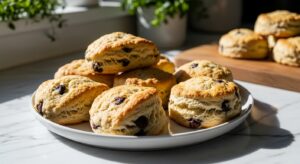 A beautifully arranged spread of golden-brown, freshly baked chocolate chip scones on a minimalist white plate, resting on marble countertops. Natural morning light spills from an east window, casting soft shadows. Fresh herbs are visible in the background, adding a touch of green. The wooden cutting board is subtly visible nearby. The scones appear deliciously appealing, with visible melty chocolate chips and a tender crumb, inviting a cozy breakfast.