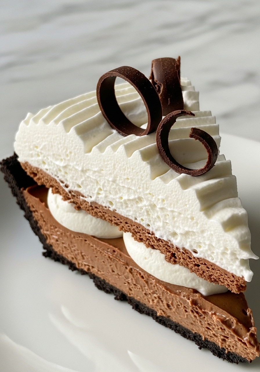A super close-up detail shot of the top layers of a slice of Chocolate French Silk Pie, focusing on the incredibly fluffy, tall white whipped cream and the artfully placed dark chocolate curls. The edge of the rich, smooth brown chocolate filling is visible beneath the cream. The slice is on a minimalist white plate on the marble countertop, perfectly illuminated by natural morning light, highlighting the delicious texture and decadent appearance. NO HANDS OR PEOPLE.