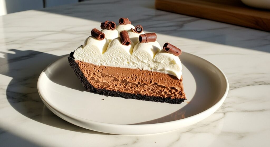 A beautifully plated, delicious slice of Chocolate French Silk Pie on a minimalist white plate, showcasing its dark chocolate cookie crust, incredibly rich and creamy brown chocolate filling, and a generous, billowy layer of white whipped cream adorned with delicate, dark chocolate curls. The scene is set on marble countertops with subtle wood accents, bathed in soft natural morning light from an east window, creating gentle, warm shadows. The presentation is clean and tidy, emphasizing appetite appeal. NO HANDS OR PEOPLE.