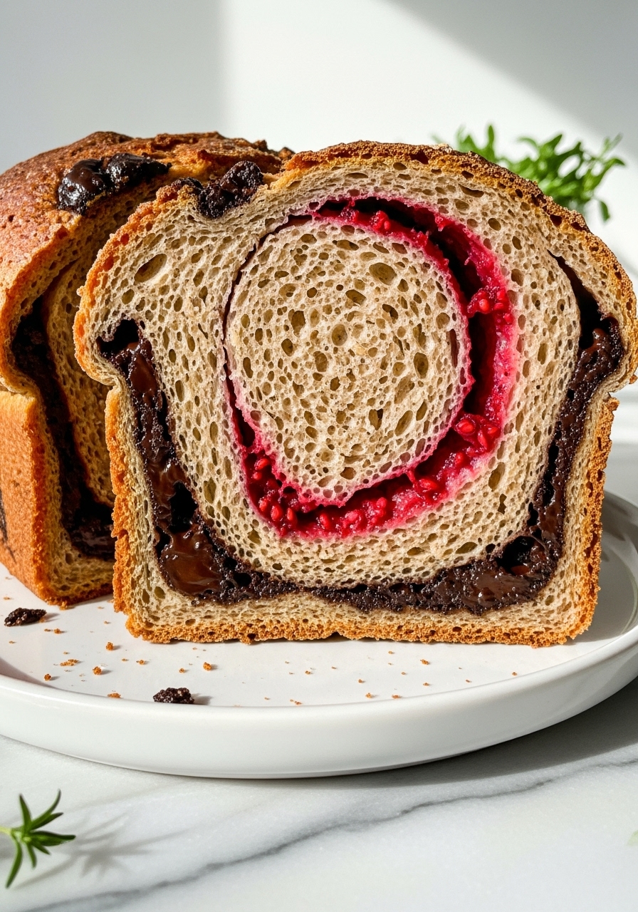 A detailed close-up shot of a thick slice of the finished Chocolate Whole Wheat Bread with Spelt and Maple Raspberry Swirl, showing the airy, open whole wheat crumb, the glossy melted dark chocolate pockets, and distinct, vibrant red-pink swirls of maple raspberry. The slice is propped against the main loaf on a minimalist white plate, on marble countertops under natural morning light, emphasizing the mouth-watering texture and homemade appeal. Fresh herbs are subtly visible in the soft background.