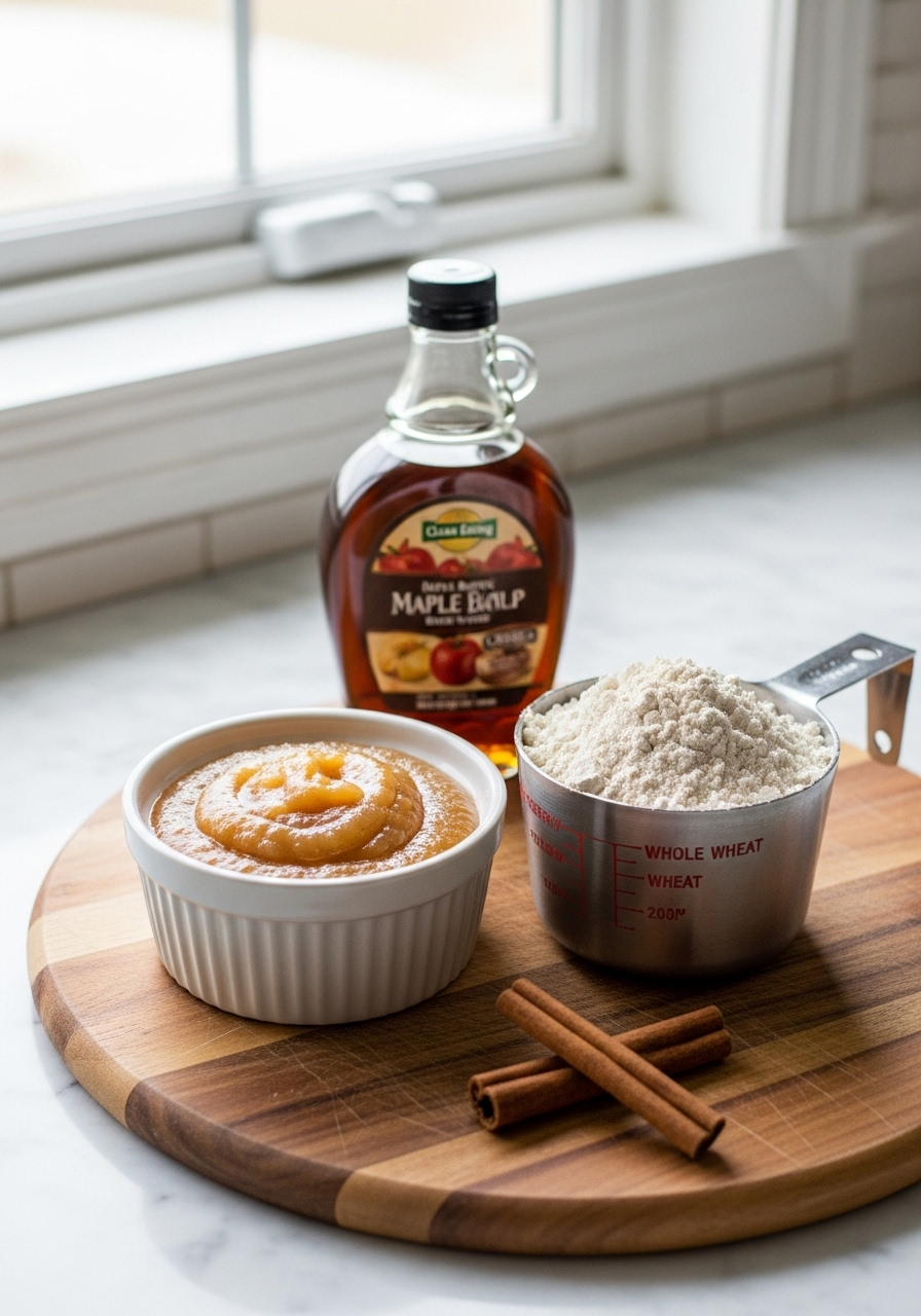 A 3:4 shot capturing a warm, inviting spread of key ingredients for Clean Eating Apple Butter Baked Donuts. On a wooden cutting board, you see a small ceramic bowl of creamy apple butter, a measuring cup of whole wheat flour, a sprig of fresh cinnamon sticks, and a bottle of maple syrup. The marble countertop and soft natural morning light from the east window create a clean, organized, and beautifully prepared scene.