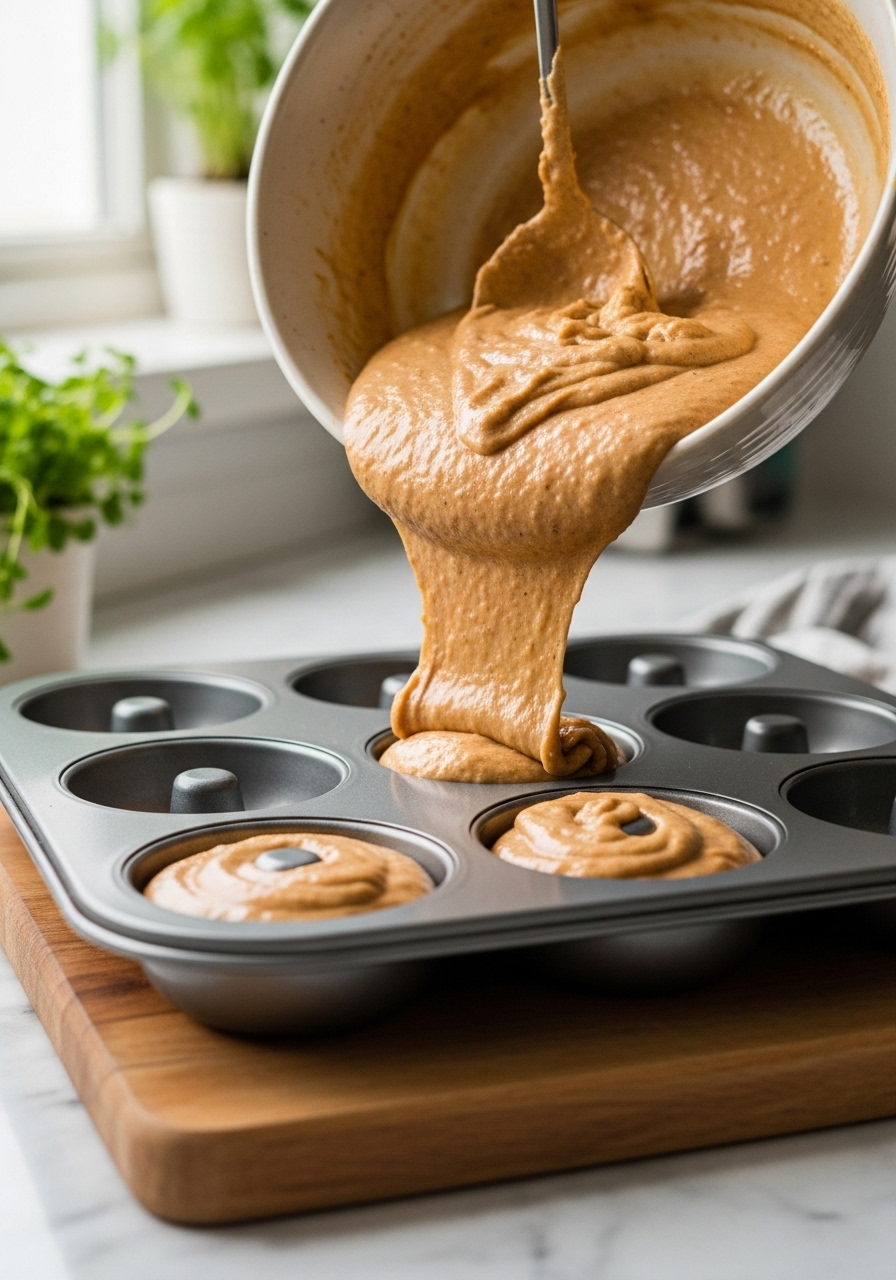 A 3:4 action shot of donut batter being gently poured from a ceramic bowl into the cavities of a donut pan. The batter has a warm, spiced color and a slightly thick, flowing texture. The donut pan rests on the familiar wooden cutting board, contrasting with the cool marble countertops, all bathed in soft natural morning light. Fresh herbs are visible in the background, adding life to the clean, tidy kitchen environment.