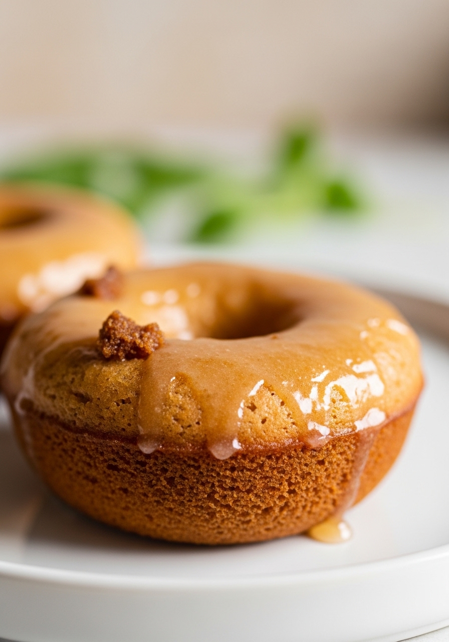 A 3:4 close-up detail shot of the top of a single Clean Eating Apple Butter Baked Donut, showcasing its perfectly golden-brown, slightly textured surface and the appealing, glistening maple glaze. A few artful crumbs or a slight drip of glaze adds authenticity. The donut is nestled on a minimalist white plate, with the soft, warm tones of the kitchen and subtle fresh herbs blurred in the background, highlighting the deliciousness under natural morning light.