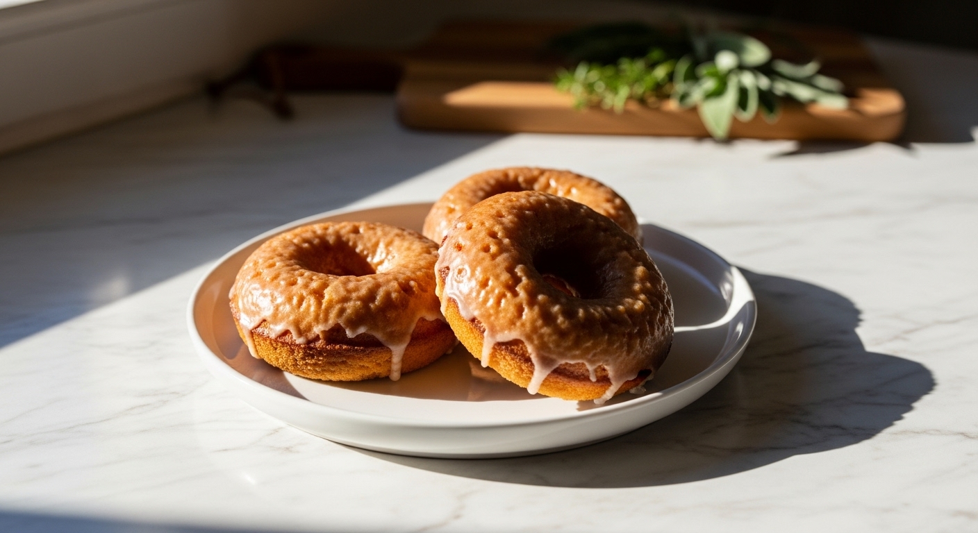 A beautifully composed 16:9 hero shot of three freshly baked, gloriously glazed Clean Eating Apple Butter Baked Donuts artfully arranged on a minimalist white plate. The scene is set on marble countertops with warm, natural morning light from an east window, casting soft shadows. A wooden cutting board is subtly visible in the background, along with a small bunch of fresh sage or thyme, adding a touch of green. The donuts have a perfectly golden-brown hue and the maple glaze has a delicious, slightly rustic texture, emphasizing their homemade, wholesome appeal. The presentation is clean and tidy.