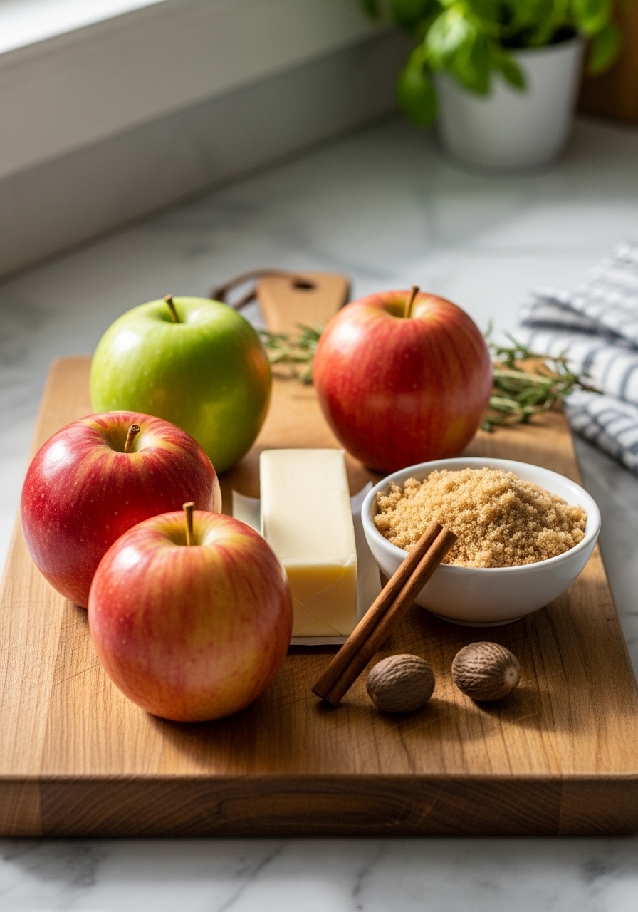 A 3:4 shot of key ingredients for Cracker Barrel Fried Apples artfully arranged on the same wooden cutting board. Visible are whole, unpeeled apples (Granny Smith and Honeycrisp), a stick of butter, a small bowl of brown sugar, a cinnamon stick, and a whole nutmeg, all bathed in natural morning light from the east window. Marble countertops are subtly visible in the background, along with fresh herbs, creating a clean, tidy, and inviting scene with warm tones and soft shadows. No hands or people.