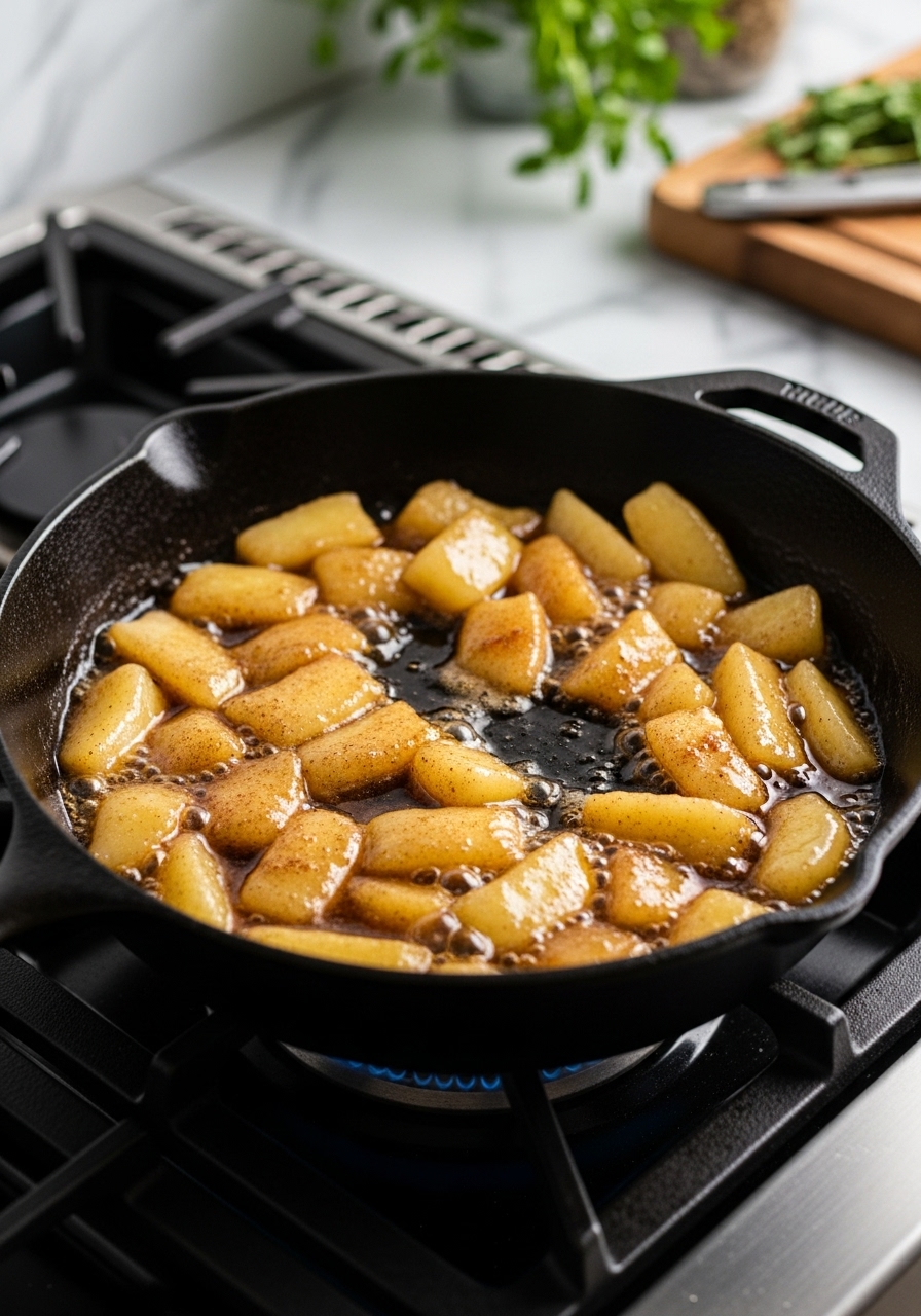 A 3:4 action shot showcasing Cracker Barrel Fried Apples gently simmering in a well-seasoned cast iron skillet on a stovetop burner. The apples are tender and coated in a glistening, syrupy sauce with visible cinnamon and butter. The scene is lit by natural morning light from the east window, with marble countertops and a corner of the same wooden cutting board subtly in view. Fresh herbs are blurred softly in the background. The focus is on the delicious transformation, with warm tones and soft shadows. No hands or people.