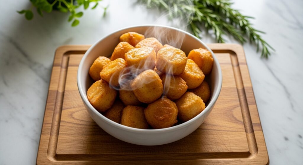 A beautifully composed 16:9 overhead shot of a ceramic bowl filled with golden-brown Cracker Barrel Fried Apples, steam gently rising. The bowl sits on the same wooden cutting board, with visible marble countertops and fresh herbs (like a sprig of rosemary) in the softly lit background, capturing natural morning light from the east window. Soft shadows and warm tones create a clean, tidy, and deliciously appealing presentation without any hands or people.