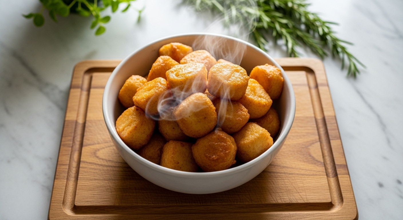 A beautifully composed 16:9 overhead shot of a ceramic bowl filled with golden-brown Cracker Barrel Fried Apples, steam gently rising. The bowl sits on the same wooden cutting board, with visible marble countertops and fresh herbs (like a sprig of rosemary) in the softly lit background, capturing natural morning light from the east window. Soft shadows and warm tones create a clean, tidy, and deliciously appealing presentation without any hands or people.