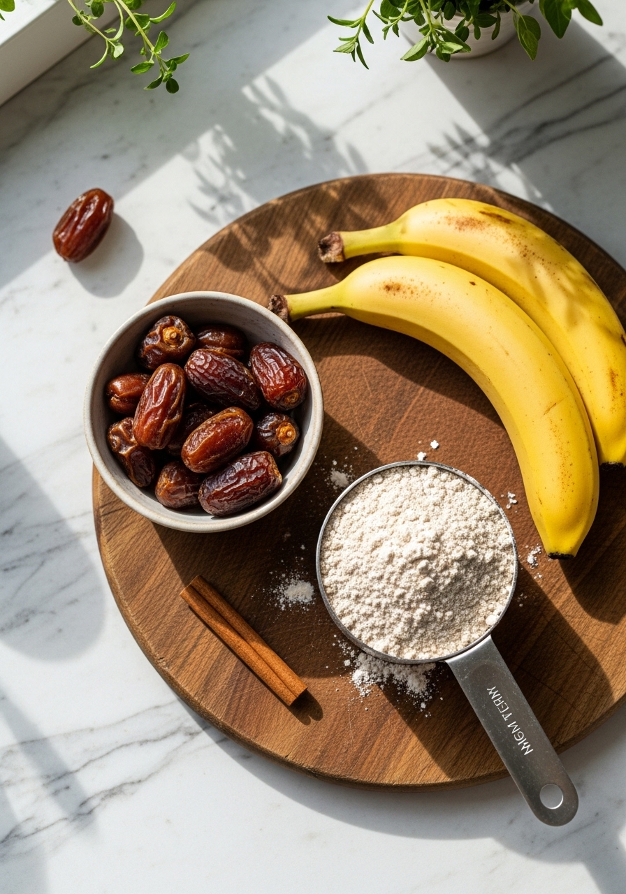 A beautifully composed flat lay of key ingredients for date sweetened banana bread: a small ceramic bowl of pitted Medjool dates, very ripe bananas on the same wooden cutting board, a measuring cup of whole wheat flour, and a cinnamon stick. All arranged on marble countertops, bathed in natural morning light from an east window, with fresh herbs peeking into the frame. Soft shadows and warm tones create a cozy, inviting feel. No hands visible.