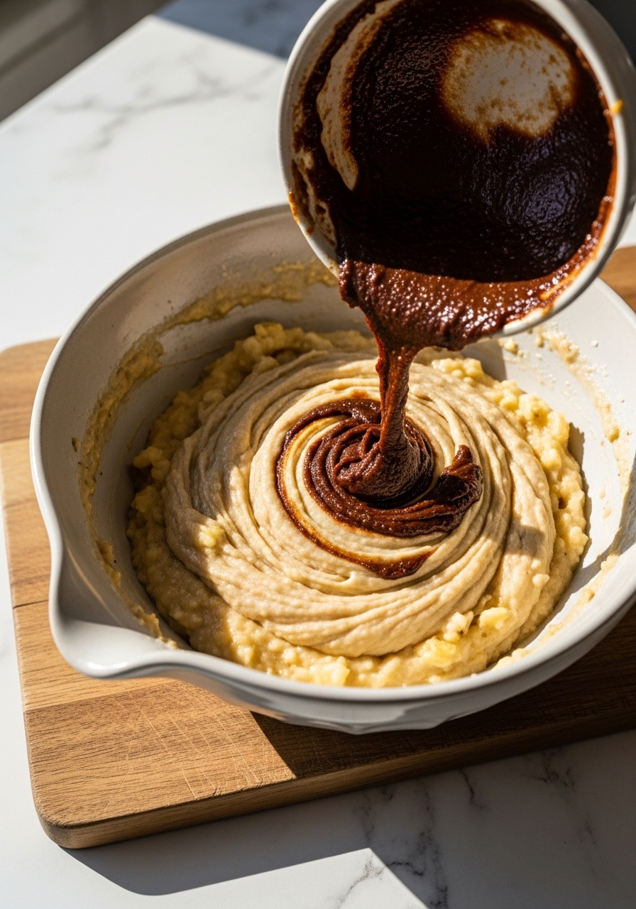 A close-up action shot of a thick, smooth date paste being gently swirled into a bowl of mashed ripe bananas and other wet ingredients, creating a luscious, wholesome batter for date sweetened banana bread. The bowl is ceramic, sitting on a marble countertop with the wooden cutting board nearby. Natural morning light casts soft shadows. No hands visible.