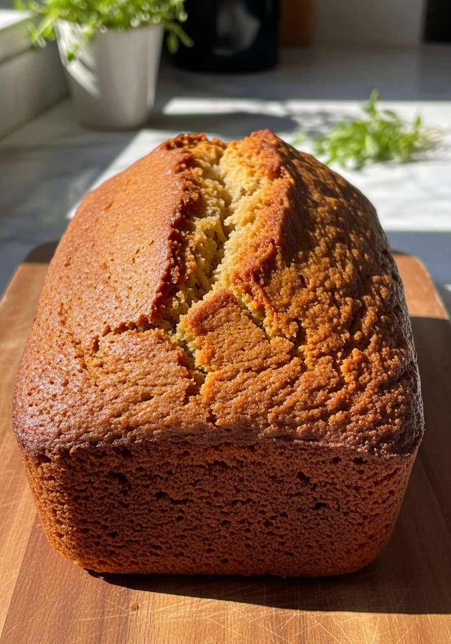 A mouth-watering close-up of a perfectly golden-brown loaf of date sweetened banana bread, fresh out of the oven, cooling slightly on the same wooden cutting board. The top has a beautiful crack, revealing the moist, tender crumb within. The background shows hints of marble countertops and soft, natural morning light from an east window, with fresh herbs adding a touch of life. No hands visible.