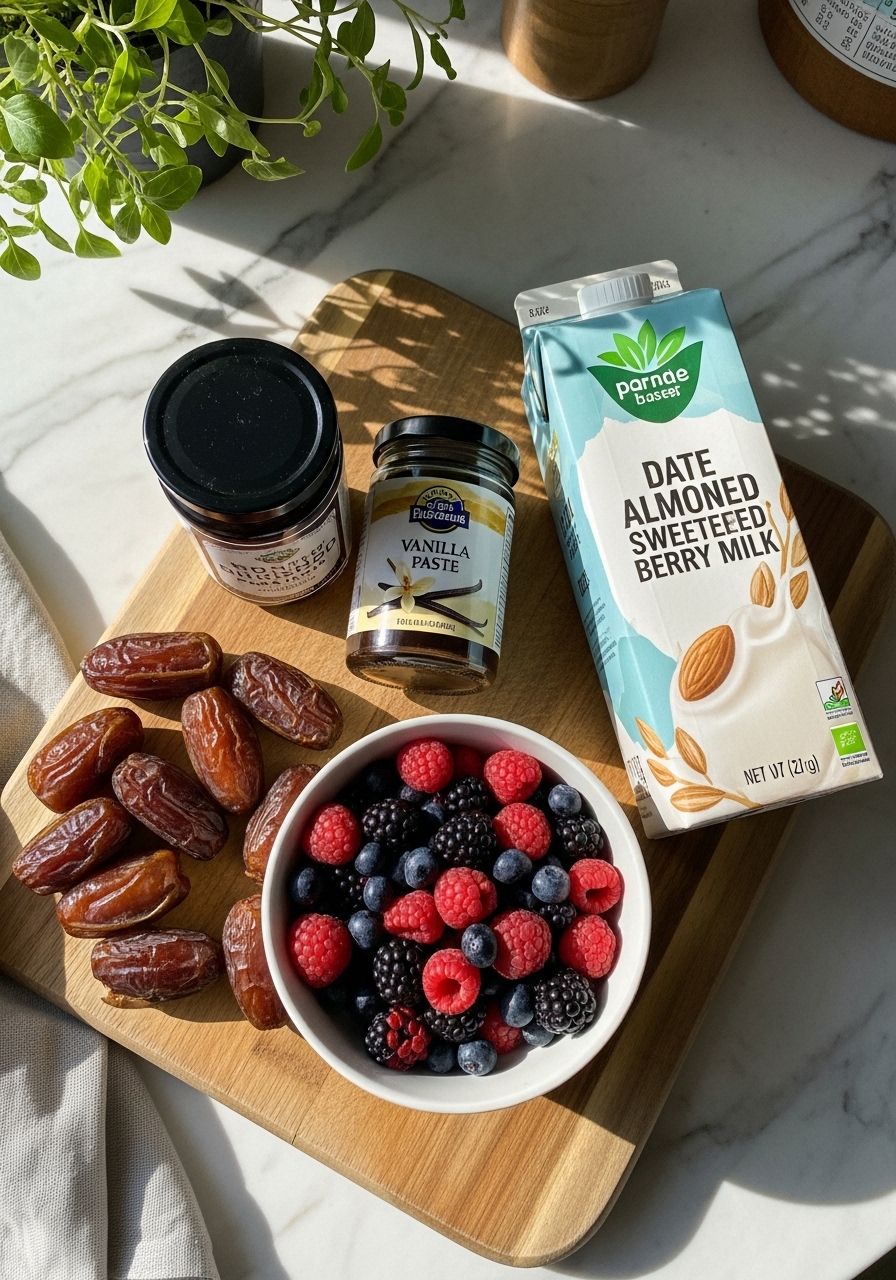 A flat lay of key ingredients for date sweetened berry pancakes laid out on the same wooden cutting board, including plump Medjool dates, a bowl of fresh mixed berries, a carton of plant-based milk, and a jar of vanilla bean paste. The marble countertops and natural morning light create soft shadows, with fresh herbs subtly in the background, showing a clean, tidy setup.