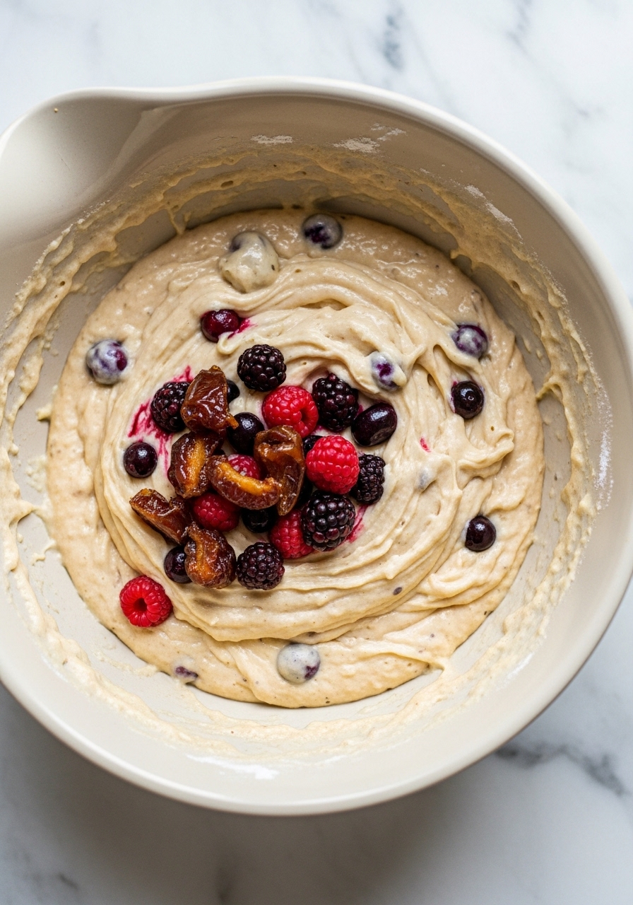 An action shot focusing on the texture of the pancake batter as mixed berries are gently folded into it within a ceramic bowl. The batter is thick and luscious, with visible chunks of dates and vibrant berries. This is captured on the marble countertops with soft morning light, showing the genuine love for the process in a clean, tidy setting.