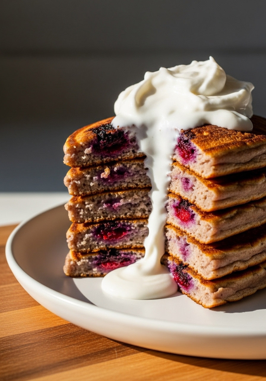 A close-up detail shot of a stack of date sweetened berry pancakes, emphasizing the golden-brown edges, the fluffy interior, and the melted pockets of berries. A generous dollop of vanilla bean coconut cream is melting slightly, highlighting its creamy texture. This is on a minimalist white plate on the wooden cutting board, with soft shadows and warm tones under natural morning light.