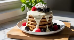 A delicious stack of golden brown Date Sweetened Berry Pancakes, generously drizzled with fluffy vanilla bean coconut cream, and garnished with vibrant fresh mixed berries. The pancakes are on a minimalist white plate, resting on the same wooden cutting board on marble countertops. Natural morning light streams from an east window, casting soft shadows, with a sprig of fresh mint visible in the background, creating a warm, clean, and tidy presentation.