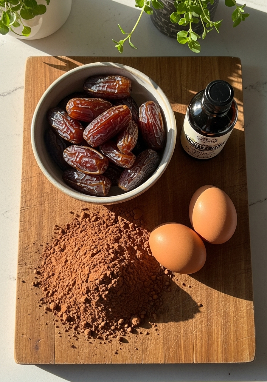A 3:4 overhead shot of key ingredients for date sweetened brownies laid out on the wooden cutting board. Pitted Medjool dates are in a small ceramic bowl, next to a pile of unsweetened cocoa powder, eggs, and a bottle of vanilla extract. Natural morning light illuminates the scene, creating warm tones and soft shadows. Fresh herbs are subtly in the background, all arranged for a clean and tidy aesthetic.